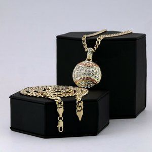 Men's 14k Gold Baseball Stamped Pendant + Cuban Necklace Iced